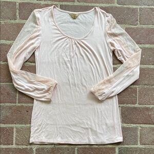 Elegant Pale Peach Ruched Long Lacy Sleeve Blouse